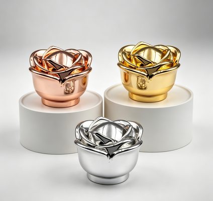 FEA15 Zinc Alloy Perfume Cap 3D Rose Flower Shape Electroplated Perfume Bottle Cover Custom Logo Zamac perfume Cap
